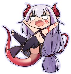 Rule 34 | bikini, black thighhighs, chibi, criss-cross halter, crying, crying with eyes open, d:, halterneck, horns, ibuki notsu, lizard tail, melusine (ibuki notsu), open mouth, original, outstretched arms, pointy ears, purple outline, simple background, solo, spread arms, stirrup legwear, swimsuit, symbol-only commentary, tail, tears, thighhighs, toeless legwear, white background