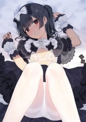 Rule 34 | 1girl, bed sheet, black dress, black hair, black nails, blush, bow, bra, breasts, closed mouth, condom, condom wrapper, dress, gin00, gothic lolita, hair bow, idolmaster, idolmaster shiny colors, lolita fashion, long hair, looking at viewer, lying, morino rinze, nail polish, on back, open clothes, open dress, pantyhose, red eyes, small breasts, solo, thighband pantyhose, underwear, white bra, white pantyhose