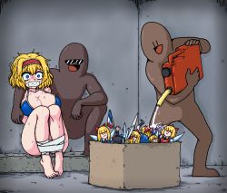 Rule 34 | 1girl, 2boys, alice margatroid, alternate breast size, arms behind back, barefoot, blonde hair, blue bra, blue eyes, bound, bound arms, box, bra, cardboard box, commentary request, formicid, french flag, frilled hairband, frills, gag, gagged, gasoline, goliath doll, hairband, holding, hourai doll, improvised gag, jerry can, korean commentary, lolita hairband, medium hair, multiple boys, red hairband, restrained, scared, shanghai doll, struggling, sunglasses, tape, tape gag, touhou, underwear