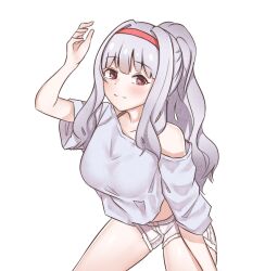 Rule 34 | 1girl, aa211108, arm up, bare shoulders, blush, breasts, closed mouth, collarbone, cowboy shot, dot nose, eyelashes, grey hair, hairband, idolmaster, idolmaster (classic), idolmaster million live!, idolmaster million live! theater days, large breasts, light smile, long hair, looking at viewer, midriff, off shoulder, official alternate hairstyle, ponytail, red eyes, shijou takane, short sleeves, shorts, simple background, solo, thighs, transparent background, wavy hair, white shorts, wide sleeves