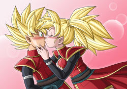 Rule 34 | 10s, 1boy, 1girl, alternate form, beat (dragon ball), blonde hair, blush, breasts, closed eyes, dragon ball, dragon ball heroes, facing another, gold hair, green eyes, hair tie, hand on another&#039;s face, hand up, hetero, high ponytail, karoine, kiss, long hair, looking at another, medium breasts, monkey tail, note (dragon ball), ponytail, saiyan, sash, short hair, spiked hair, standing, super saiyan, super saiyan 1, surprised, tail, transformation, uniform, upper body, wide-eyed
