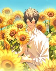 Rule 34 | 1boy, absurdres, black hair, blue sky, blurry, closed eyes, collared shirt, depth of field, field, flower, flower field, given, highres, holding, holding flower, long sleeves, lower teeth only, male focus, murata ugetsu, open mouth, pinoli (pinoli66), shirt, sky, smile, solo, sunflower, sunflower field, teeth, upper body, white shirt