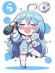Rule 34 | 1girl, = =, ahoge, blue footwear, blue hair, blue jacket, blush stickers, bottle, camisole, chibi, commentary, creature, daifuku (yukihana lamy), double-parted bangs, drunk, frilled camisole, frills, full body, fur-trimmed jacket, fur trim, hair between eyes, heart, heart ahoge, holding, holding bottle, hololive, jacket, long hair, messy hair, multicolored hair, nabe (nabe otome), official alternate costume, official alternate hairstyle, open mouth, partially unzipped, polka dot camisole, sake bottle, sleepwear, slippers, solo focus, streaked hair, striped clothes, striped jacket, very long hair, virtual youtuber, white camisole, yukihana lamy, yukihana lamy (loungewear), yukimin (yukihana lamy)