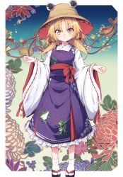 Rule 34 | 1girl, absurdres, animal print, blonde hair, blush, border, brown hat, commentary request, darumoon, dot nose, eye on hat, floral background, flower, frilled skirt, frills, frog print, geta, hair ribbon, hat, highres, japanese clothes, long skirt, long sleeves, looking at viewer, moriya suwako, obi, outside border, parted bangs, parted lips, purple vest, red ribbon, ribbon, sandals, sash, skirt, skirt set, socks, solo, standing, tabi, tassel, touhou, vest, white border, white socks, wide sleeves, yellow eyes, zouri
