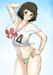 Rule 34 | 1girl, akisora, bikini, black hair, blush, breasts, brown eyes, brown hair, condom, covered erect nipples, female pubic hair, kawakami sadayo, large breasts, navel, navel piercing, parted lips, persona, persona 5, piercing, pubic hair, see-through, shirt, short hair, short sleeves, smile, solo, standing, striped bikini, striped clothes, swimsuit, t-shirt, thighs, used condom, wet, wet clothes