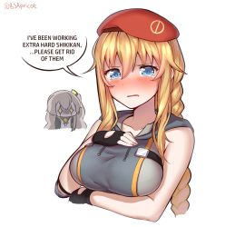 Rule 34 | 2girls, beret, blonde hair, blue eyes, blush, breast conscious, breast envy, breasts, bsapricot, crying, crying with eyes open, english text, girls&#039; frontline, hat, highres, large breasts, mg3 (girls&#039; frontline), multiple girls, sparkling eyes, speech bubble, tears, ump45 (girls&#039; frontline)