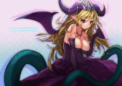 Rule 34 | 1girl, bat wings, blonde hair, blush, breasts, character name, cleavage, copyright name, dress, earrings, elbow gloves, gloves, heart, heart earrings, horns, jewelry, large breasts, lilith (p&amp;d), long hair, necklace, pointy ears, purple eyes, puzzle &amp; dragons, smile, solo, sud (sudea), tail, wings