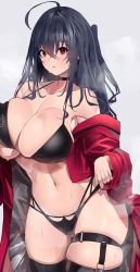 Rule 34 | 1girl, ahoge, azur lane, bikini, black bikini, black choker, black hair, black panties, blush, breasts, choker, cleavage, collarbone, ekaki no mime, highres, jacket, large breasts, looking at viewer, messy hair, official alternate costume, one side up, open clothes, open jacket, panties, parted lips, red eyes, red jacket, skindentation, solo, steam, swimsuit, taihou (enraptured companion) (azur lane), thigh strap, thighhighs, underwear