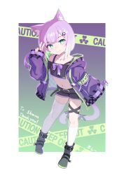 Rule 34 | 1girl, absurdres, animal ears, asymmetrical legwear, belt, black shirt, black shorts, boots, cat ears, cat girl, cat tail, caution tape, colored inner hair, commission, crop top, cropped shirt, full body, green eyes, green hair, highres, hood, hooded jacket, indie virtual youtuber, jacket, kneehighs, lolicom, long sleeves, looking at viewer, midriff, multicolored hair, navel, off-shoulder shirt, off shoulder, open clothes, open jacket, purple hair, purple jacket, second-party source, shirt, short hair, short shorts, short sleeves, shorts, shwaa, single kneehigh, single sock, single thighhigh, skeb commission, sleeves past fingers, sleeves past wrists, smile, socks, stomach, strap slip, tail, thighhighs, uneven legwear, v, virtual youtuber, white socks, white thighhighs