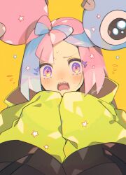 Rule 34 | 1girl, blue hair, blush, bow-shaped hair, close-up, commentary request, creatures (company), eyelashes, game freak, highres, iono (pokemon), jacket, kawasaki (kwsk 8765), multicolored hair, nintendo, open mouth, pink hair, pokemon, pokemon sv, sharp teeth, simple background, sleeves past fingers, sleeves past wrists, solo, split-color hair, star (symbol), teeth, two-tone hair, upper body, yellow background, yellow jacket