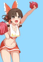 1girl absurdres bare_shoulders benikurage_(cookie) blue_background blush bow breasts brown_eyes brown_hair cheerleader cleavage collarbone commentary_request cookie_(touhou) cowboy_shot crop_top fangs hair_bow hakurei_reimu highres holding holding_pom_poms looking_at_viewer midriff miniskirt navel open_mouth pom_pom_(cheerleading) pom_poms red_bow remote_controller_4 simple_background skirt smile solo tongue touhou vest white_vest