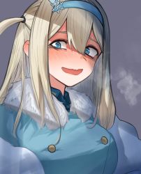 Rule 34 | 1girl, bad id, bad pixiv id, blonde hair, blue eyes, blush, breath, commentary request, fur collar, girls&#039; frontline, hair between eyes, hair ornament, hairband, highres, jump stingray, long hair, looking at viewer, open mouth, shaded face, side ponytail, sidelocks, smile, snowflake hair ornament, solo, suomi (girls&#039; frontline), upper body, wavy mouth