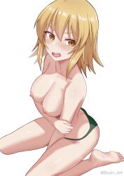 Rule 34 | 1girl, absurdres, ass, bikini, bikini bottom only, blonde hair, blush, breasts, butt crack, cagalli yula athha, cleavage, green panties, gundam, gundam seed, gundam seed destiny, gundam seed freedom, highres, holding own arm, kneeling, large breasts, looking at viewer, nipples, open mouth, panties, short hair, solo, swimsuit, topless, underwear, underwear only, whitek, yellow eyes