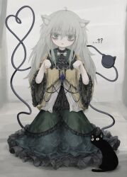 Rule 34 | 1girl, ahoge, animal ears, bags under eyes, black cat, blouse, bow, bowtie, buttons, cat, cat ears, cat girl, cat tail, diamond button, frilled shirt collar, frilled skirt, frilled sleeves, frills, green skirt, grey eyes, grey hair, heart, heart of string, highres, komeiji koishi, long hair, looking at viewer, messy hair, paw pose, reverinth, shirt, sitting, skirt, solo, straight-on, sweatdrop, tail, third eye, touhou, wide sleeves, yellow bow, yellow shirt