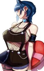 Rule 34 | 1girl, alternate costume, armlet, bare shoulders, black overalls, blue eyes, blue hair, blush, breasts, cleavage, cross, cross earrings, earrings, erasorpepero, fishnets, garter straps, hair intakes, hololive, hololive english, jewelry, large breasts, navel, ouro kronii, overalls, solo, thigh strap, underboob, virtual youtuber, white background