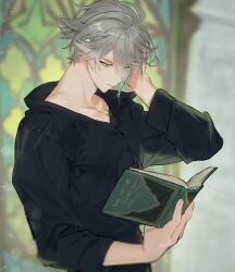 Rule 34 | 1boy, alhaitham (genshin impact), black shirt, blurry, blurry background, book, chest jewel, closed mouth, genshin impact, green hair, grey eyes, grey hair, hair between eyes, hand in own hair, highres, holding, holding book, male focus, multicolored hair, open book, reading, sachico66, shirt, solo, stained glass, upper body