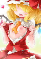 Rule 34 | 1girl, ascot, between breasts, blonde hair, blush, bow, breasts, fang, female focus, flandre scarlet, hair over eyes, hat, hat bow, heart, naik, nipples, no bra, open clothes, open mouth, open shirt, pinky out, shirt, short hair, side ponytail, skirt, skirt set, solo, touhou, wings
