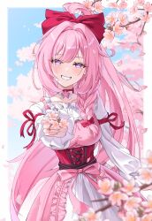 1girl blue_sky blurry blurry_foreground blush bow braid branch breasts collarbone commentary cowboy_shot day depth_of_field elysia_(herrscher_of_human:_ego)_(honkai_impact) elysia_(honkai_impact) english_commentary flower hair_between_eyes hair_bow hair_intakes highres holding holding_flower honkai_(series) honkai_impact_3rd long_hair looking_at_viewer medium_breasts nami_(tznami) pink_hair pointy_ears purple_eyes red_bow shirt skirt sky smile solo white_flower white_shirt white_skirt