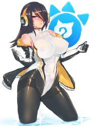 Rule 34 | 10s, adapted costume, alternate costume, black hair, black jacket, black pantyhose, breasts, commentary request, competition swimsuit, covered erect nipples, covered navel, drawstring, emperor penguin (kemono friends), hair over one eye, headphones, highres, hood, hoodie, jacket, kemono friends, large breasts, leotard, looking at viewer, multicolored hair, one-piece swimsuit, open clothes, open hoodie, pantyhose, pantyhose under swimsuit, panzer (p.z), red eyes, skin tight, solo, streaked hair, swimsuit, turtleneck, white one-piece swimsuit