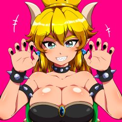 Rule 34 | 1girl, armlet, bare shoulders, black nails, blonde hair, blue eyes, blue plan, bowsette, bracelet, breasts, cleavage, clenched teeth, collar, collarbone, commentary request, earrings, eyebrows, highres, horns, jewelry, large breasts, looking at viewer, mario (series), nail polish, new super mario bros. u deluxe, nintendo, pink background, ponytail, sharp teeth, short hair, simple background, smile, solo, spiked armlet, spiked bracelet, spiked collar, spikes, super crown, teeth