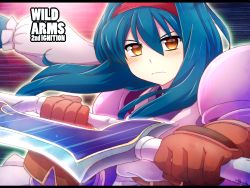 Rule 34 | 1girl, anastasia valeria, belt, blue hair, commentary request, dress, gloves, hair ornament, hairband, long hair, looking at viewer, red eyes, red hairband, shimane no norainu, solo, twintails, wild arms, wild arms 2