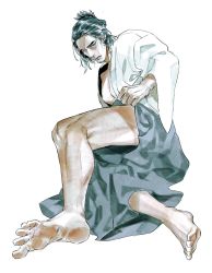 Rule 34 | 1boy, barefoot, black hair, character request, feet, gge, looking at viewer, lying, male focus, ryuu ga gotoku (series), soles, solo, toes, undressing