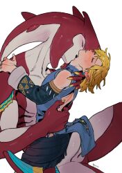 Rule 34 | 2boys, back cutout, biting, blonde hair, blush, closed eyes, clothing cutout, dated, detached sleeves, erection, fish boy, frostbite set (zelda), highres, link, male focus, monster boy, multiple boys, neck biting, nintendo, nose blush, penis, pointy ears, rg (20000223), sharp teeth, sidon, signature, simple background, size difference, teeth, the legend of zelda, the legend of zelda: tears of the kingdom, white background, yaoi, zora