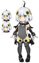 Rule 34 | 1girl, anger vein, bailingxiao jiu, bell, black bow, black capelet, black footwear, blush, bow, braid, breasts, bridal gauntlets, capelet, chain, dress, expressions, eyepatch, grey dress, grey eyes, grey thighhighs, groin, hair bell, hair between eyes, hair bow, hair ornament, highres, impossible clothes, impossible dress, jingle bell, keyhole, multiple views, original, parted lips, shoes, silver hair, simple background, small breasts, standing, thighhighs, torn capelet, torn clothes, white background