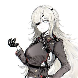 Rule 34 | 1girl, black dress, black gloves, blonde hair, blue eyes, breasts, closed mouth, dress, eyepatch, gloves, goddess of victory: nikke, guillotine (nikke), half gloves, hand on own hip, highres, lips, long hair, looking at viewer, medium breasts, military uniform, nvalkyrja, simple background, smile, solo, uniform, wavy hair, white background