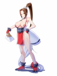 Rule 34 | 1girl, blush, breasts, brown eyes, brown hair, fatal fury, female focus, full body, large breasts, long hair, nipples, ponytail, rickert kai, shiranui mai, simple background, snk, solo, the king of fighters, white background