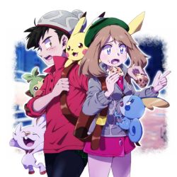 Rule 34 | 1boy, 1girl, 3orochi, ash ketchum, backpack, bag, beanie, black hair, blue eyes, brown eyes, brown hair, cookie, cosplay, creatures (company), feet out of frame, food, food on face, game freak, gen 1 pokemon, gen 8 pokemon, gloria (pokemon), gloria (pokemon) (cosplay), grey hoodie, grookey, hand up, hat, highres, holding, holding cookie, holding food, hood, hoodie, long sleeves, looking at another, may (pokemon), nintendo, on shoulder, open mouth, pikachu, pointing, pokemon, pokemon (anime), pokemon (creature), pokemon on arm, pokemon on shoulder, pokemon rse (anime), pokemon swsh, red shirt, scorbunny, shirt, short hair, sleeves past elbows, sobble, tam o&#039; shanter, teeth, victor (pokemon), victor (pokemon) (cosplay)