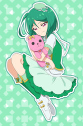 Rule 34 | 10s, 1girl, closed mouth, commentary, eyelashes, green hair, green skirt, hat, heart, highres, holding, holding stuffed toy, idol clothes, kiratto pri chan, midorikawa sara, patterned background, pink eyes, pretty series, short hair, skirt, smile, soraeda, stuffed animal, stuffed toy, teddy bear