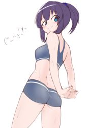 Rule 34 | 1girl, absurdres, arms behind back, ass, azu ankoowl, bike shorts, blue eyes, blush, emoticon, female focus, highres, ponytail, purple hair, simple background, smile, solo, sports bra, white background