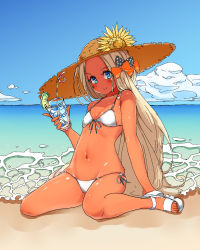 Rule 34 | 1girl, abigail williams (fate), bare shoulders, beach, bikini, black bow, blonde hair, blue eyes, blush, bow, breasts, cloud, cup, dark-skinned female, dark skin, day, drinking straw, fate/grand order, fate (series), flower, front-tie bikini top, front-tie top, hair bow, hat, hat flower, highres, ice, ice cube, kobo (cobo 0609), long hair, looking at viewer, navel, ocean, orange bow, outdoors, parted bangs, polka dot, polka dot bow, sandals, shiny skin, side-tie bikini bottom, sitting, sketch, skindentation, sky, small breasts, smile, solo, straw hat, sunflower, swimsuit, tan, very long hair, wariza, water, white bikini