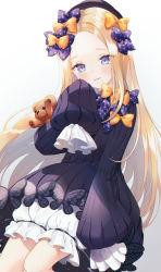 Rule 34 | 1girl, abigail williams (fate), bad id, bad pixiv id, black bow, black dress, black hat, blonde hair, bloomers, blue eyes, blush, bow, breasts, dress, fate/grand order, fate (series), forehead, hair bow, hat, highres, long hair, looking at viewer, multiple hair bows, orange bow, parted bangs, parted lips, polka dot, polka dot bow, ribbed dress, simple background, sleeves past fingers, sleeves past wrists, small breasts, smile, stuffed animal, stuffed toy, teddy bear, underwear, white background, white bloomers, yon (tellmedoor)