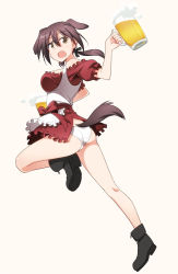 Rule 34 | 1girl, animal ears, apron, ass, bare shoulders, beer mug, boots, breasts, brown eyes, brown hair, cup, dirndl, dog ears, dog tail, dress, extra ears, german clothes, gertrud barkhorn, large breasts, maid apron, mug, official alternate costume, open mouth, panties, red dress, solo, strike witches, tail, twintails, umekichi, underbust, underwear, white panties, world witches series