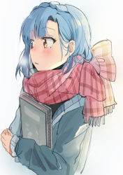 Rule 34 | 1girl, blue hair, blue jacket, blush, book, braid, chocho (homelessfox), french braid, holding, holding book, idolmaster, idolmaster million live!, jacket, looking to the side, medium hair, mole, mole under eye, nanao yuriko, nose blush, parted lips, plaid, plaid scarf, red scarf, scarf, simple background, solo, steam, upper body, white background, yellow eyes
