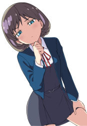 Rule 34 | 1girl, black skirt, blue eyes, blue vest, brown hair, buttons, closed mouth, collared shirt, commentary request, dress shirt, hair between eyes, hand on own chin, hand on own thigh, highres, long sleeves, looking at viewer, love live!, love live! superstar!!, neck ribbon, pontasu, red ribbon, ribbon, shirt, short hair, skirt, solo, tang keke, vest, white shirt