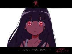 Rule 34 | 1girl, alternate eye color, blunt bangs, closed mouth, collarbone, commentary request, copyright name, dress, eyes visible through hair, furude rika, highres, higurashi no naku koro ni, letterboxed, long hair, looking at viewer, momotarekawa, purple hair, red eyes, simple background, sketch, solo, straight-on, sundress, translation request, upper body, white background, white dress