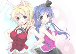 Rule 34 | 10s, 2girls, :d, animal ears, ayase eli, breasts, rabbit ears, frapowa, gloves, hands on own hips, hat, index finger raised, korekara no someday, long hair, looking at viewer, love live!, love live! school idol project, mini hat, mini top hat, multiple girls, open mouth, smile, top hat, tojo nozomi, white gloves