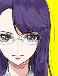 Rule 34 | 1girl, asymmetrical bangs, blue eyes, closed mouth, glasses, heartcatch precure!, long hair, looking at viewer, portrait, precure, purple hair, simple background, solo, swept bangs, tsukikage oyama, tsukikage yuri, white-framed eyewear, yellow background
