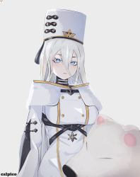 Rule 34 | 1girl, absurdres, anchor symbol, azur lane, bad id, bad pixiv id, bear, blue eyes, breasts, buttons, calpico, capelet, coat, double-breasted, fur capelet, hair between eyes, highres, large breasts, long hair, looking at viewer, polar bear, simple background, solo, sovetsky soyuz (azur lane), white background, white coat, white hair, white headwear