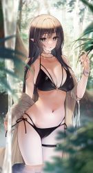 Rule 34 | 1girl, absurdres, bare shoulders, bikini, black bikini, black hair, black nails, blush, bracelet, breasts, choker, cleavage, collarbone, earrings, elf, eyebrows hidden by hair, fingernails, highres, jewelry, large breasts, long hair, looking at viewer, nail polish, navel, necklace, o-ring, o-ring top, original, pointy ears, sharp fingernails, side-tie bikini bottom, sino42, solo, swimsuit, thigh strap, thighs, wet, yellow eyes