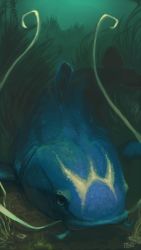 Rule 34 | blue skin, colored skin, creatures (company), fish, game freak, gen 3 pokemon, highres, nintendo, no humans, pokemon, pokemon (creature), rajewel, realistic, signature, solo, underwater, whiscash, whiskers