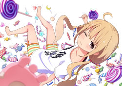 Rule 34 | 10s, ahoge, barefoot, blonde hair, blurry, brown eyes, brown hair, candy, candy cane, clothes writing, depth of field, food, from above, futaba anzu, highres, holding, idolmaster, idolmaster cinderella girls, lollipop, one eye closed, shirt, shorts, simple background, solo, striped, t-shirt, twintails, yahiro (epicopeiidae)