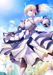 Rule 34 | 1girl, ahoge, armor, armored dress, artoria pendragon (fate), bare shoulders, blonde hair, blue eyes, bow, capcom, detached sleeves, dress, excalibur (fate/stay night), fate/stay night, fate/unlimited codes, fate (series), pen (steelleets), saber (fate), saber lily, solo, sword, weapon