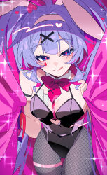 Rule 34 | 1girl, absurdres, ahoge, animal ears, bare shoulders, behind curtains, black leotard, blue hair, blush, bow, bowtie, breasts, card, clothing cutout, cowboy shot, cutout above navel, detached collar, eyelashes, fake animal ears, fishnet pantyhose, fishnets, hair ornament, hatsune miku, heart, heart ahoge, heart cutout, highres, leotard, long hair, looking at viewer, medium breasts, multicolored hair, necktie, nekoma hikaru, pantyhose, pink background, pink bow, pink bowtie, pink curtains, pink hair, pink necktie, pink pupils, playing card, rabbit ears, rabbit hole (vocaloid), solo, spaghetti strap, sparkle, streaked hair, teardrop facial mark, tongue, tongue out, twintails, two-tone hair, very long hair, vocaloid, x hair ornament