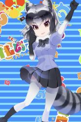 Rule 34 | 1girl, animal ears, artist request, black eyes, blue background, bow, bowtie, common raccoon (kemono friends), elbow gloves, etohana, extra ears, gloves, grey hair, jacket, japari symbol, kemono friends, looking at viewer, official art, pantyhose, raccoon ears, raccoon girl, raccoon tail, shoes, short hair, simple background, skirt, socks, solo, tail
