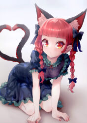 Rule 34 | 1girl, absurdres, animal ear fluff, animal ears, blunt bangs, blush, braid, cat ears, cat tail, dress, extra ears, eyelashes, frills, gradient background, green dress, highres, ikamagu, kaenbyou rin, looking at viewer, multiple tails, official alternate costume, on floor, puffy short sleeves, puffy sleeves, red eyes, red hair, red nails, short sleeves, simple background, solo, tail, touhou, twin braids, two tails, unfinished dream of all living ghost