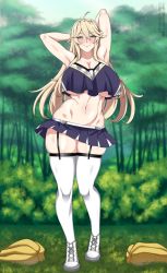 Rule 34 | 1girl, alternate costume, armpits, arms behind head, arms up, bare shoulders, blonde hair, blue eyes, blue shirt, blue skirt, blue sky, blush, breasts, cheerleader, cleavage, closed mouth, collarbone, commentary, commission, crop top, crop top overhang, day, forest, full body, garter straps, grass, groin, hair between eyes, highres, iowa (kancolle), kantai collection, large breasts, lindaroze, long hair, looking at viewer, miniskirt, nature, navel, patreon username, pleated skirt, pom pom (cheerleading), shirt, shoes, sidelocks, skindentation, skirt, sky, sleeveless, sleeveless shirt, smile, sneakers, solo, standing, star-shaped pupils, star (symbol), stomach, symbol-shaped pupils, thighhighs, twitter username, underboob, watermark, web address, white footwear, white thighhighs